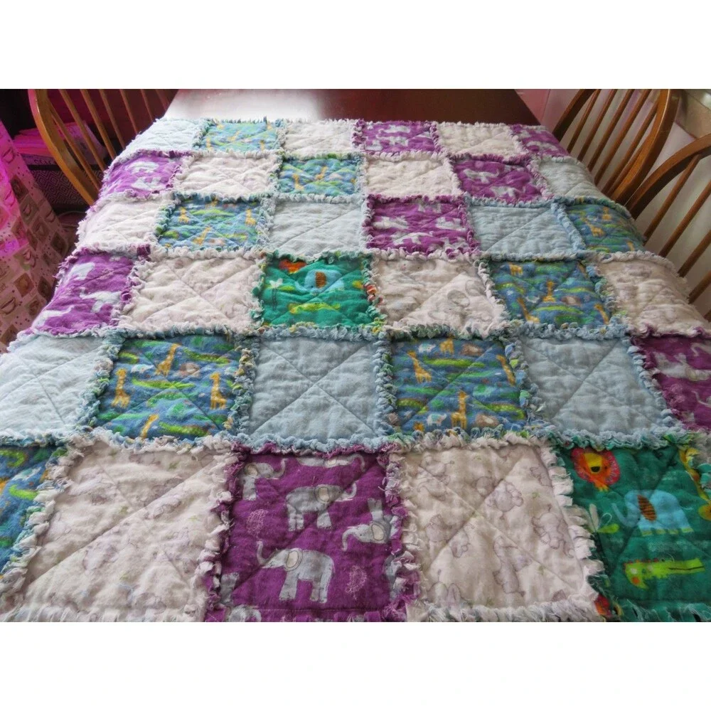 Flannel Rag Quilt With Batting 43 x 43,  Elephants, Zebras, and Jungle Animals